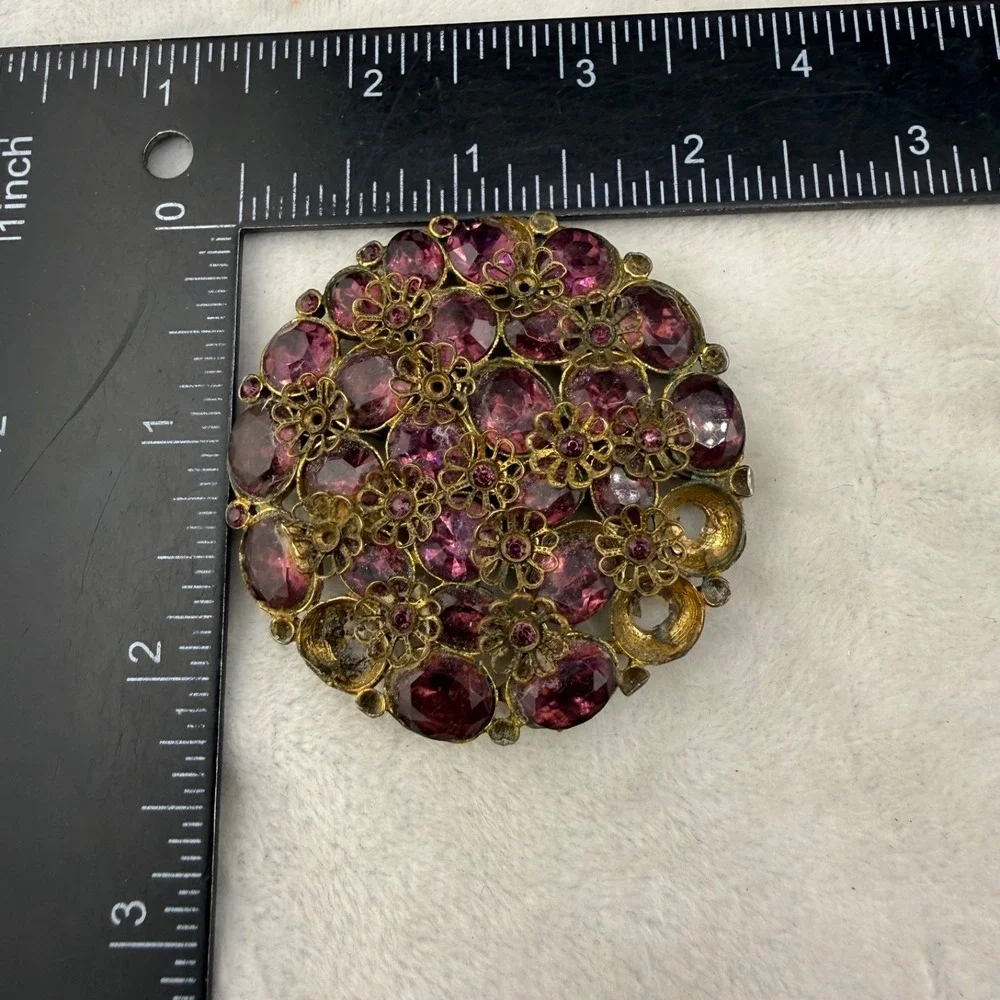 Vintage Rhinestone Brooch Gold Tone Purple Heavy WELL MADE  READ